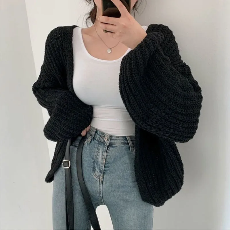 Vintage Harajuku Lantern Sleeve Autumn Tops Coat Women Cardigan Knitted Sweater Casual Korean Lazy Wind Y2k Sweater Jacket 23328