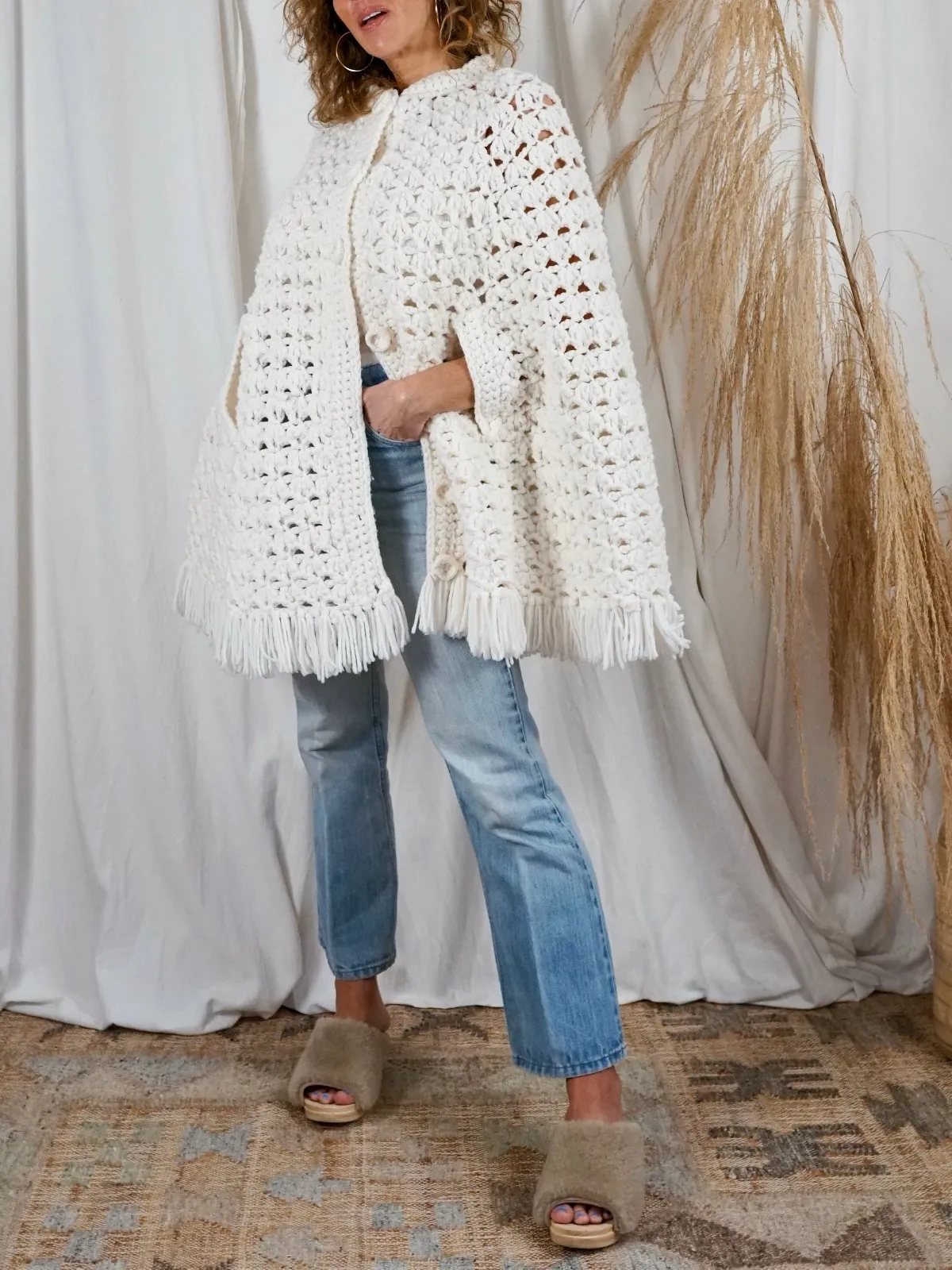 Vintage Vanilla Crochet Fringe Cape