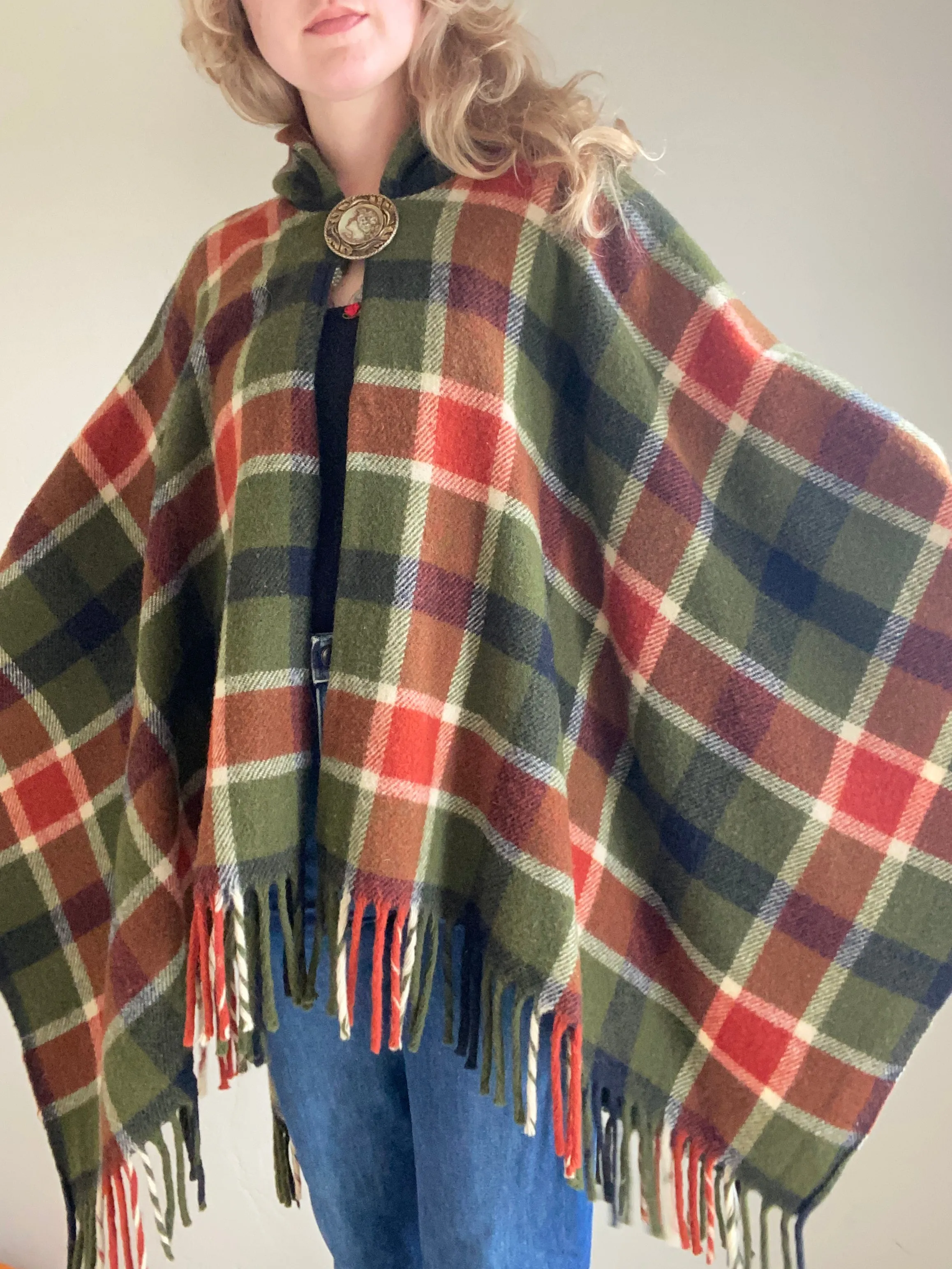 Vintage Wool Plaid Hooded Poncho