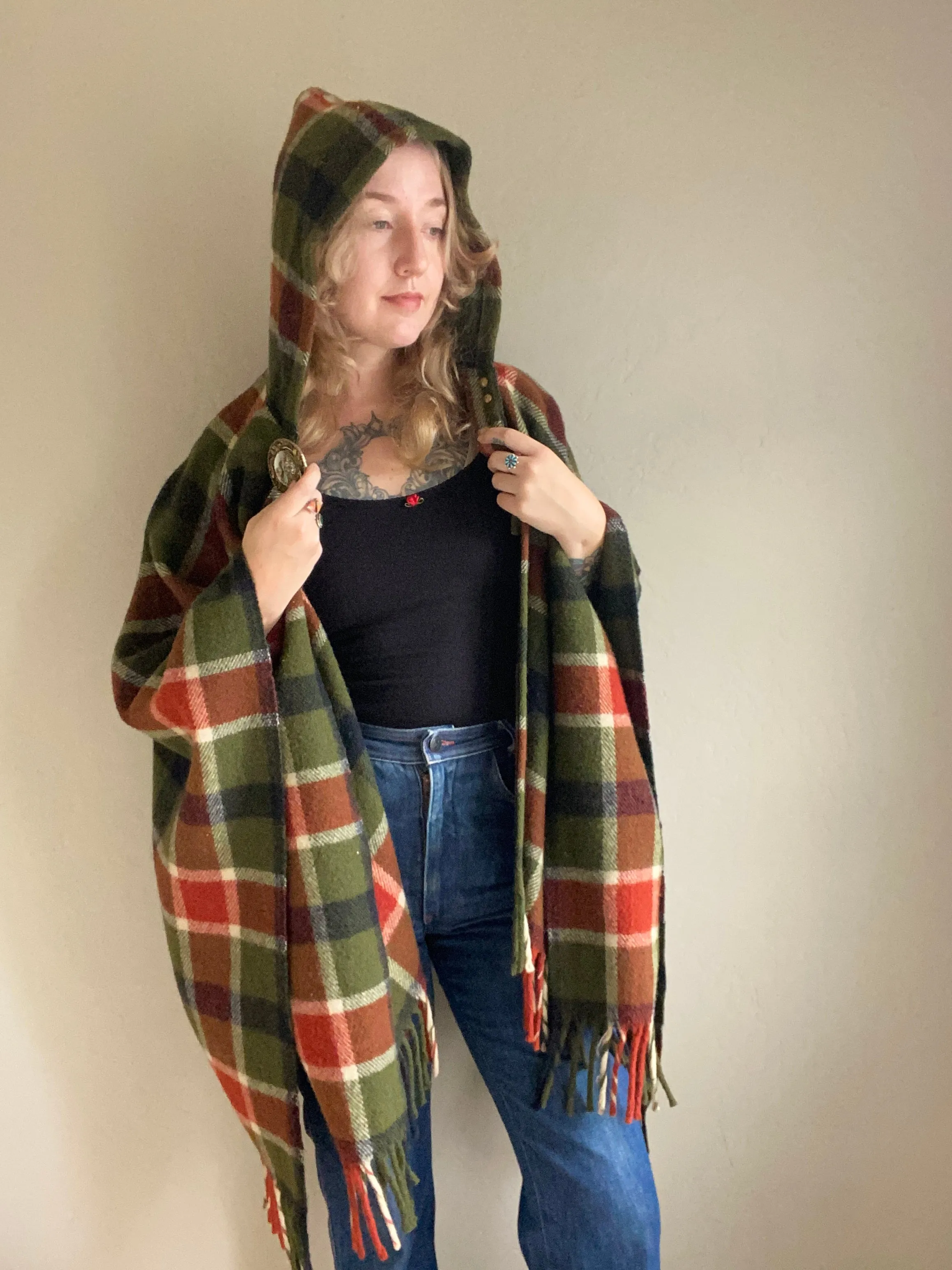 Vintage Wool Plaid Hooded Poncho