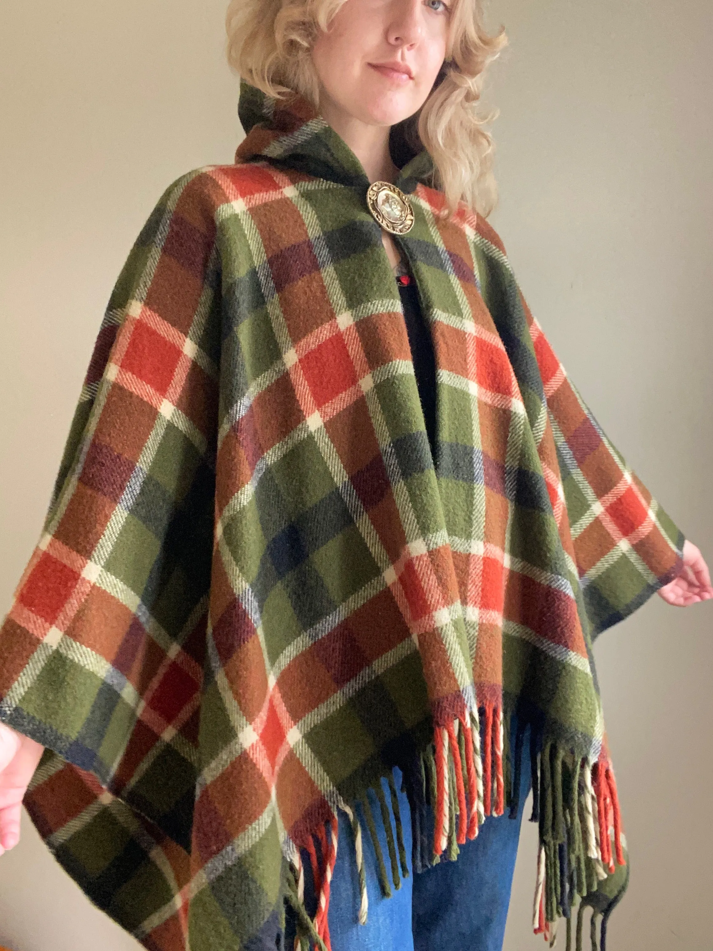 Vintage Wool Plaid Hooded Poncho