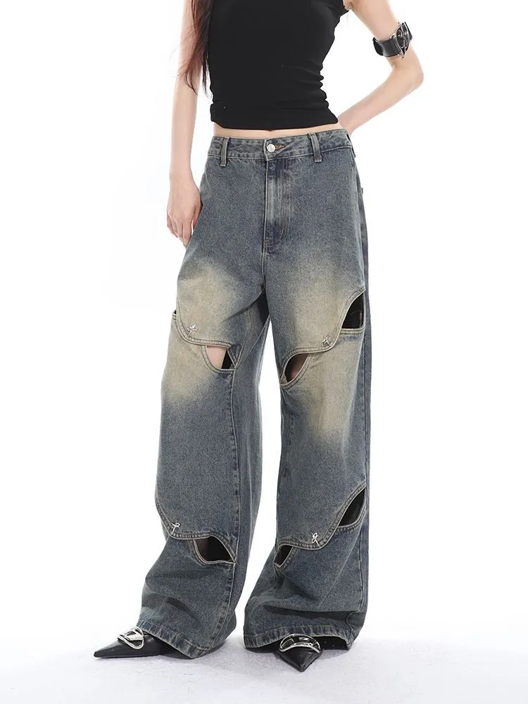 Wenkouban Deconstructed Faded Baggy Boyfriend Jeans