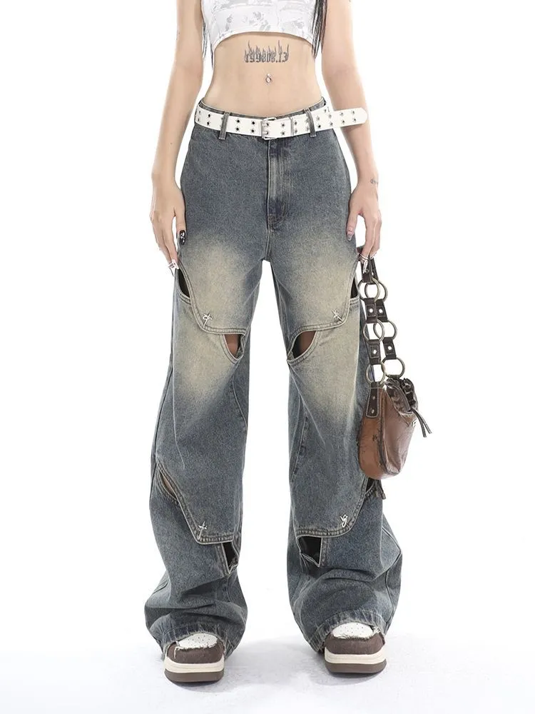 Wenkouban Deconstructed Faded Baggy Boyfriend Jeans