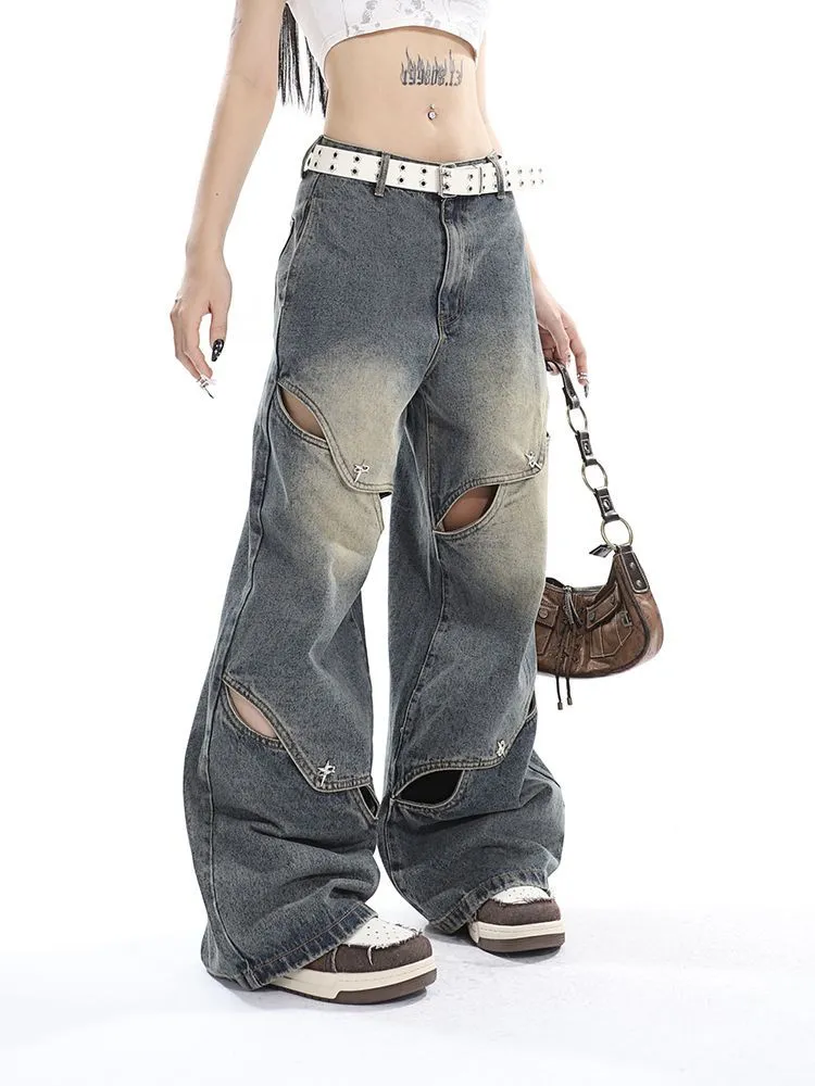 Wenkouban Deconstructed Faded Baggy Boyfriend Jeans