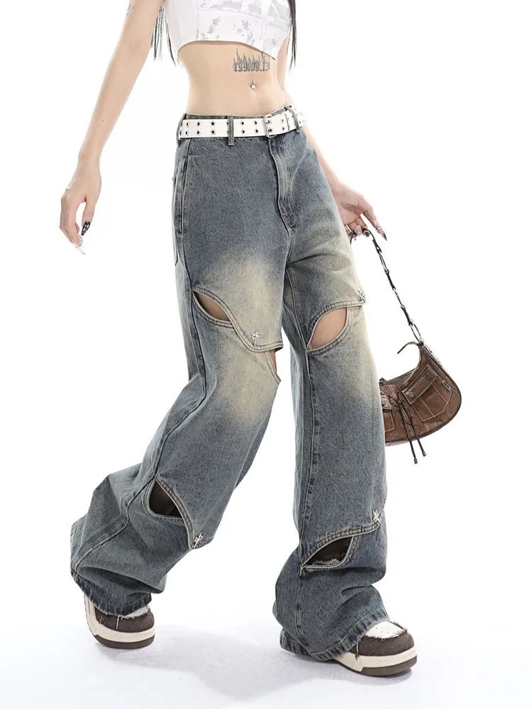 Wenkouban Deconstructed Faded Baggy Boyfriend Jeans