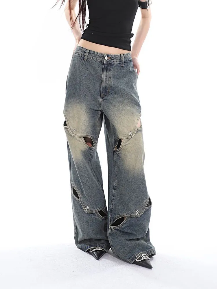 Wenkouban Deconstructed Faded Baggy Boyfriend Jeans