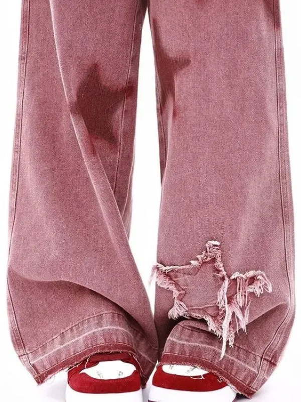 Wenkouban Pink hip hop boyfriend jeans with star pattern embroidery