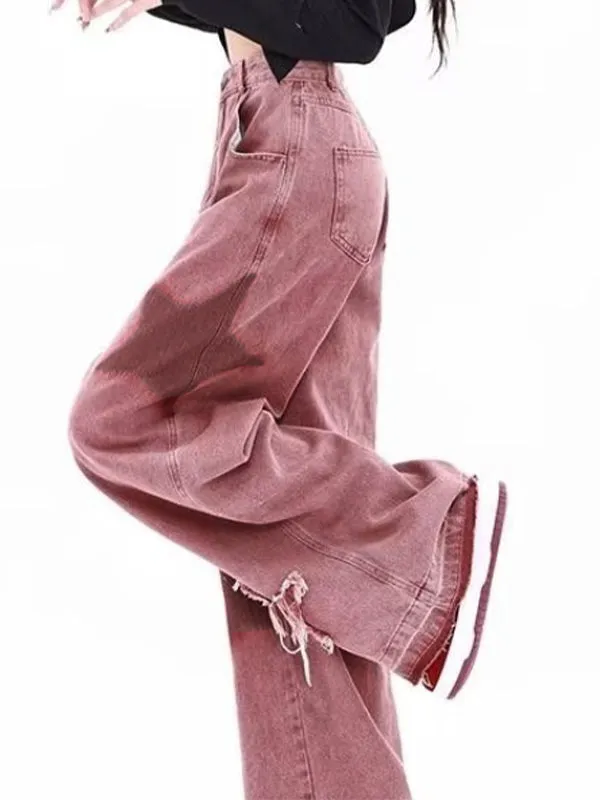 Wenkouban Pink hip hop boyfriend jeans with star pattern embroidery