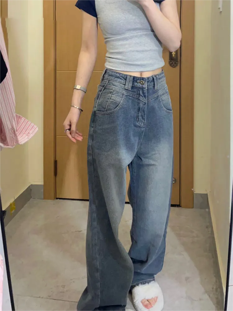 Wenkouban Vintage Blue Washed Boyfriend Jeans with Grosgrain Detail