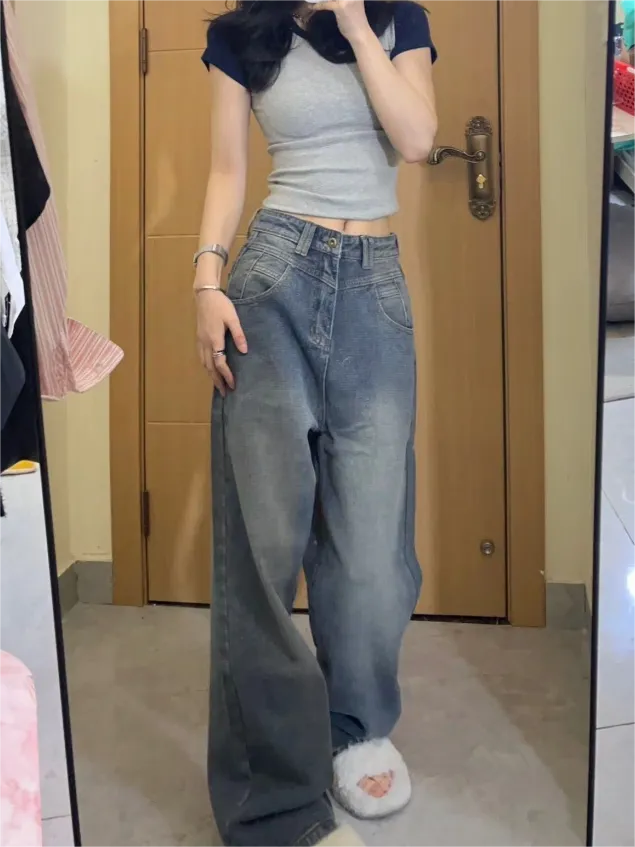 Wenkouban Vintage Blue Washed Boyfriend Jeans with Grosgrain Detail