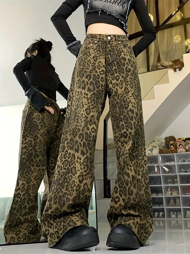 Wenkouban Y2k leopard baggy boyfriend jeans