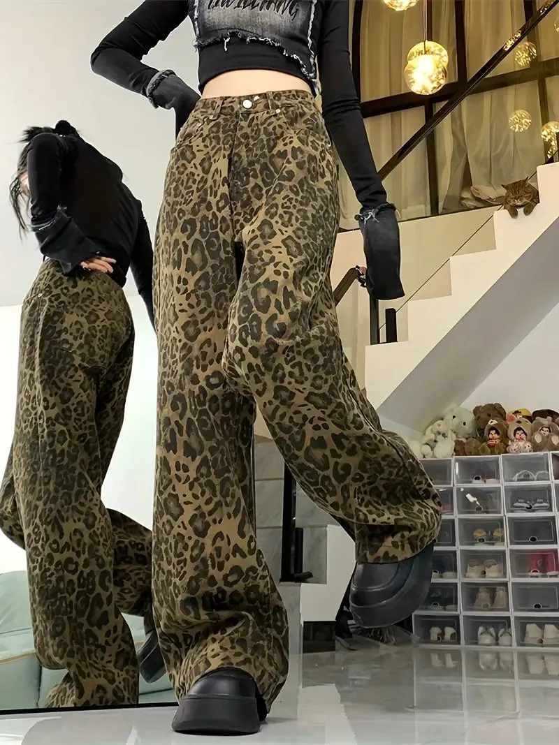 Wenkouban Y2k leopard baggy boyfriend jeans