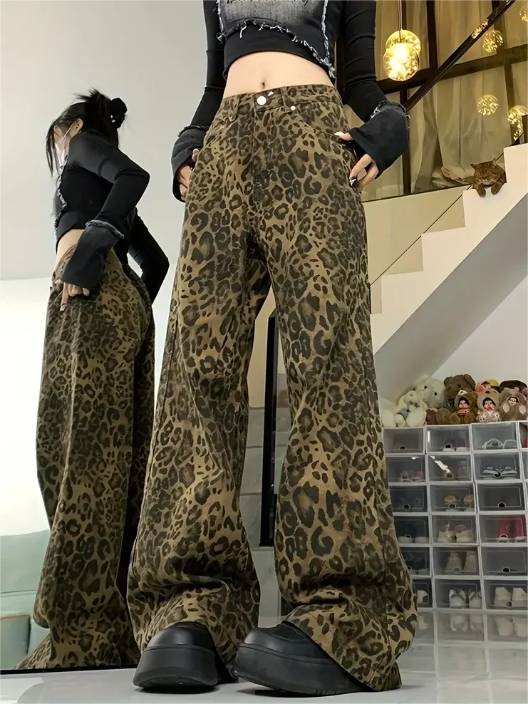 Wenkouban Y2k leopard baggy boyfriend jeans