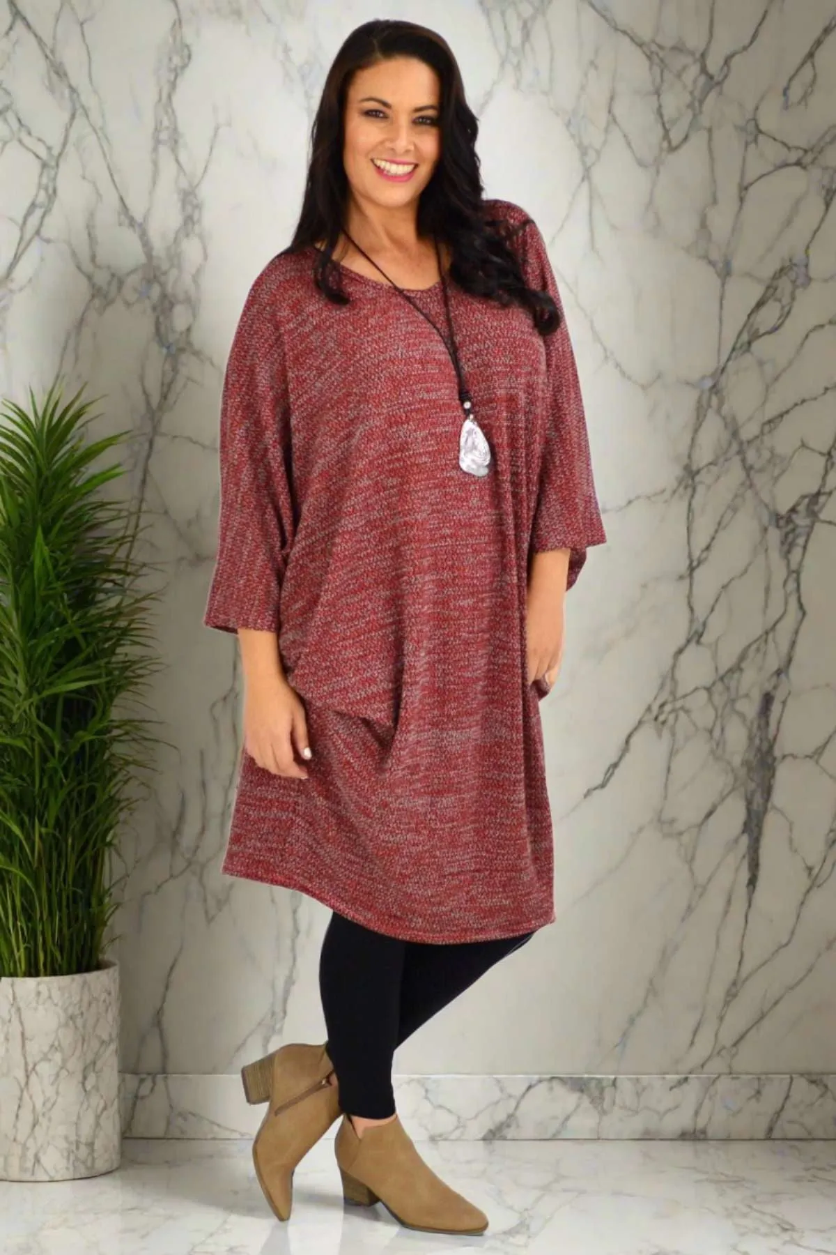 Wine Textured Knit Tunic Dress