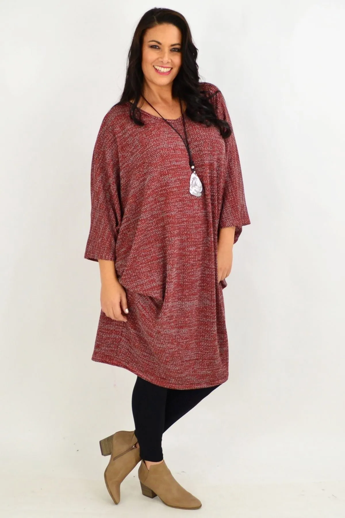 Wine Textured Knit Tunic Dress