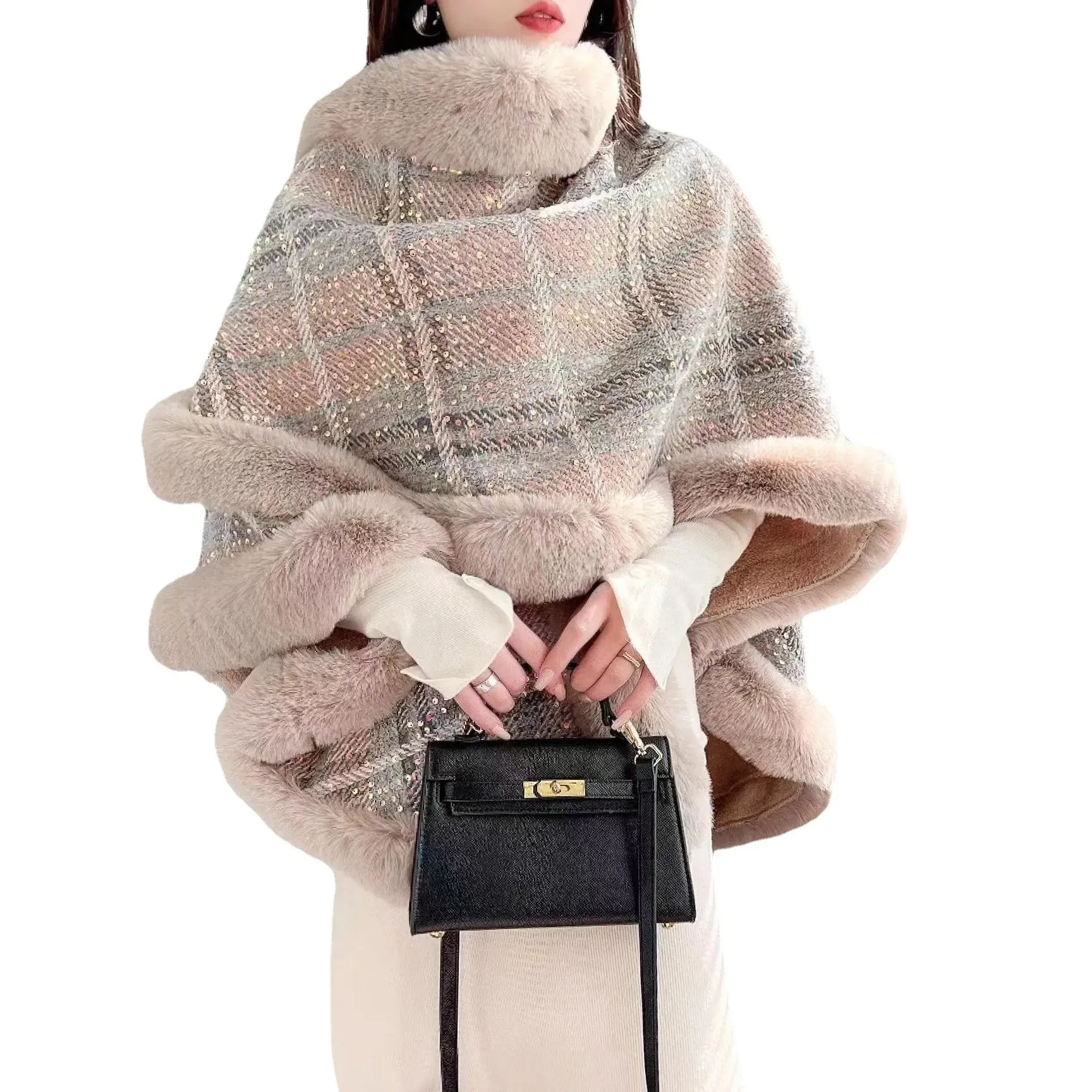 Winter Poncho Shawl Cloak Faux Fur Collar  Loose Cape  Streetwear Coats