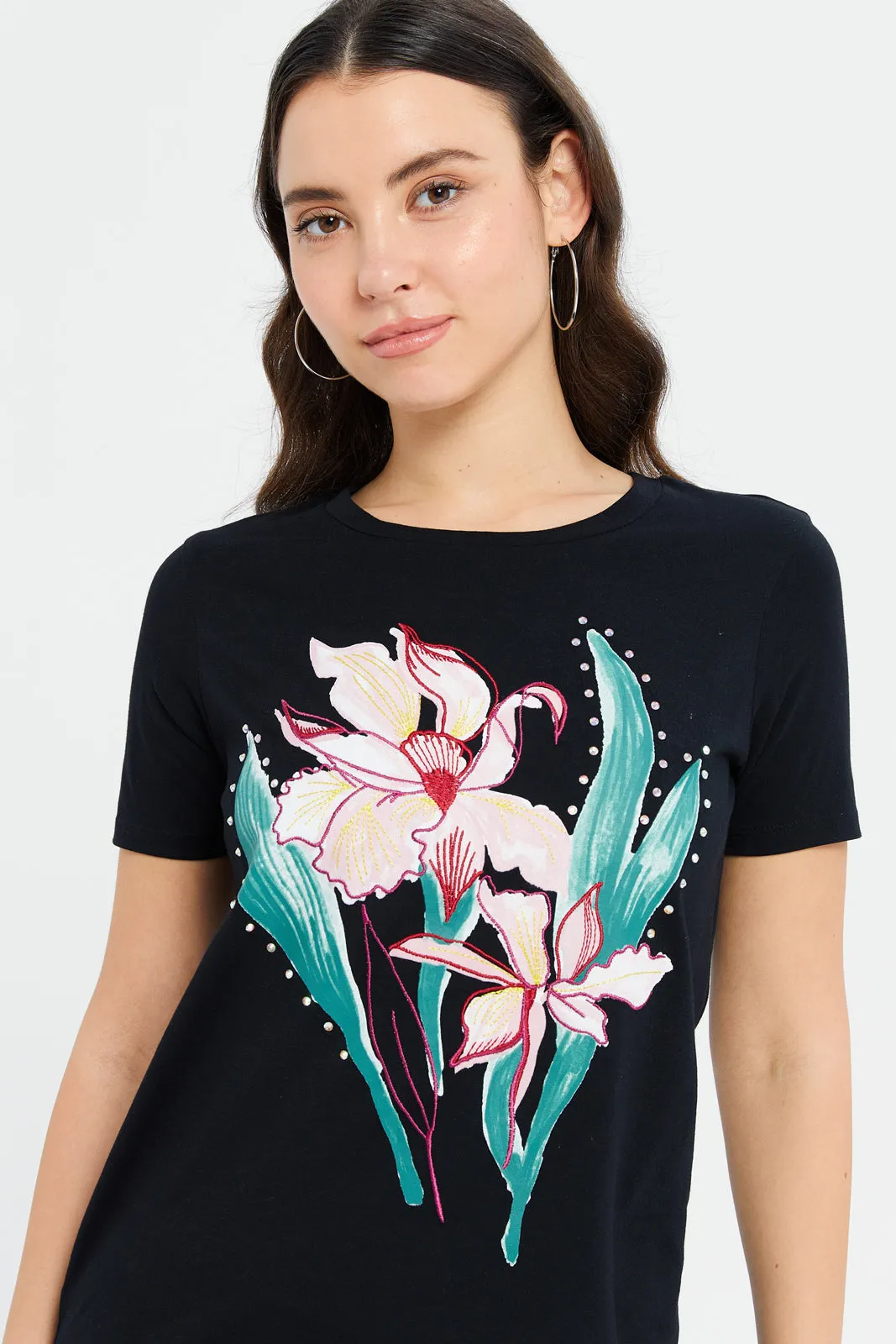 Women Black Printed Embellished T-Shirt