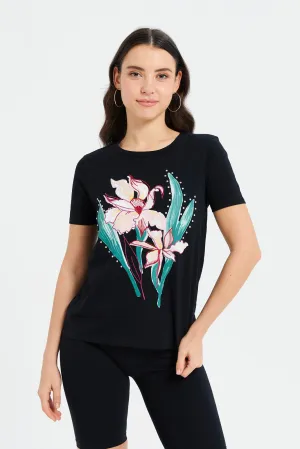 Women Black Printed Embellished T-Shirt