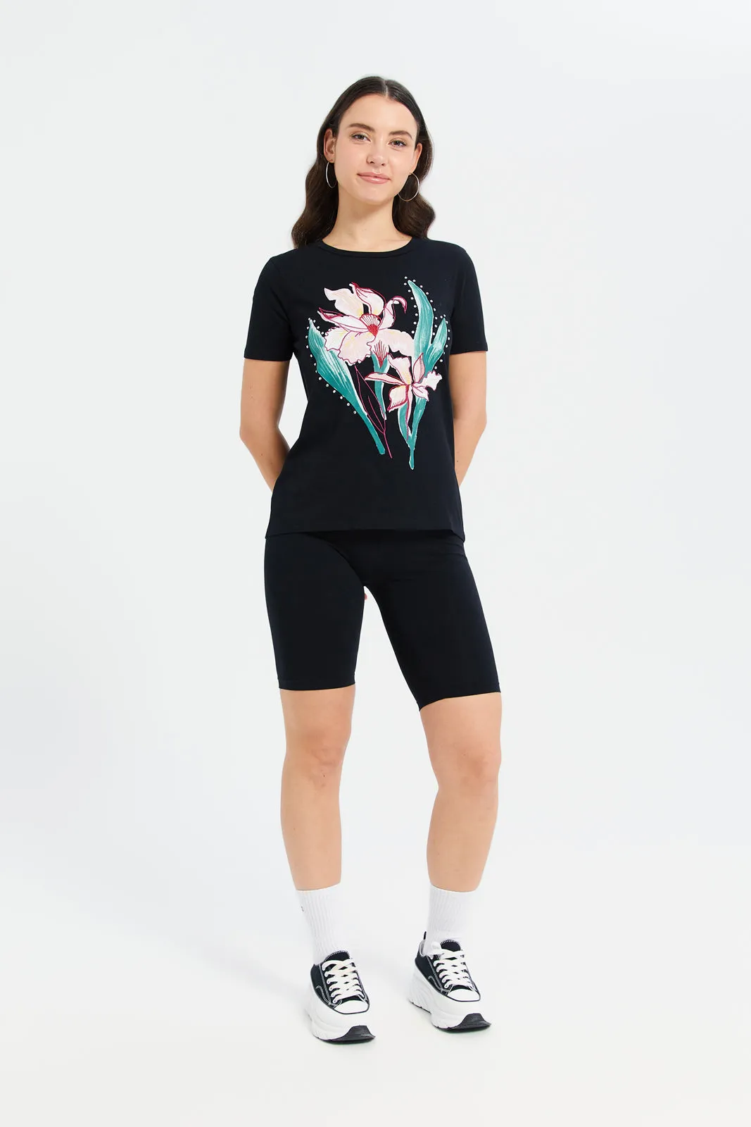 Women Black Printed Embellished T-Shirt