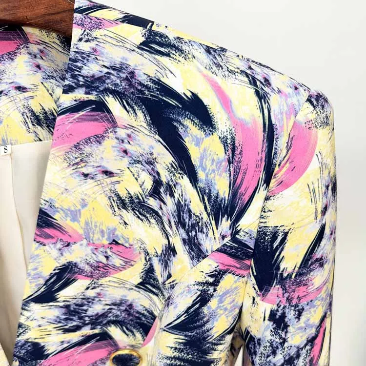 Women Feather Multicolor Print Blazer 6 Buttons Jacket