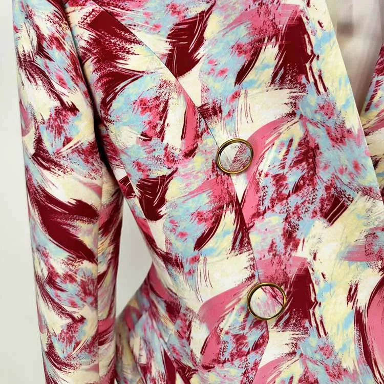 Women Feather Multicolor Print Blazer 6 Buttons Jacket