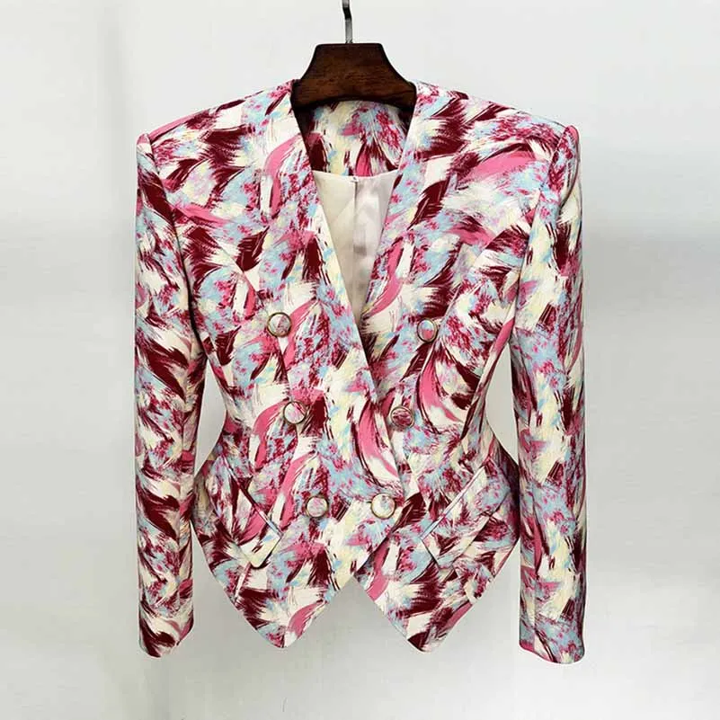 Women Feather Multicolor Print Blazer 6 Buttons Jacket