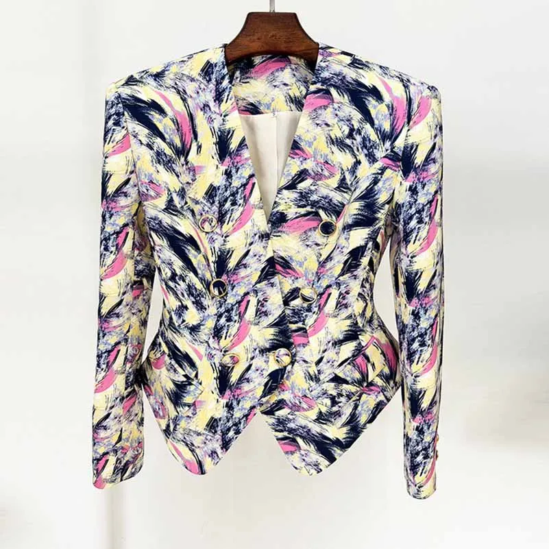 Women Feather Multicolor Print Blazer 6 Buttons Jacket