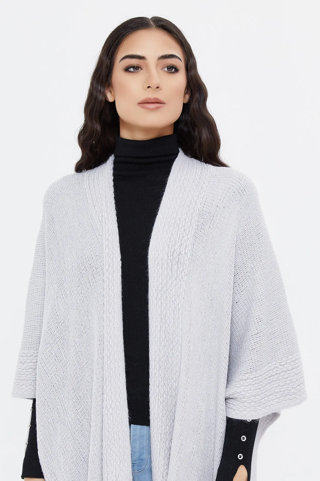 Women Grey Lurex Cable Knit Poncho With Fringes