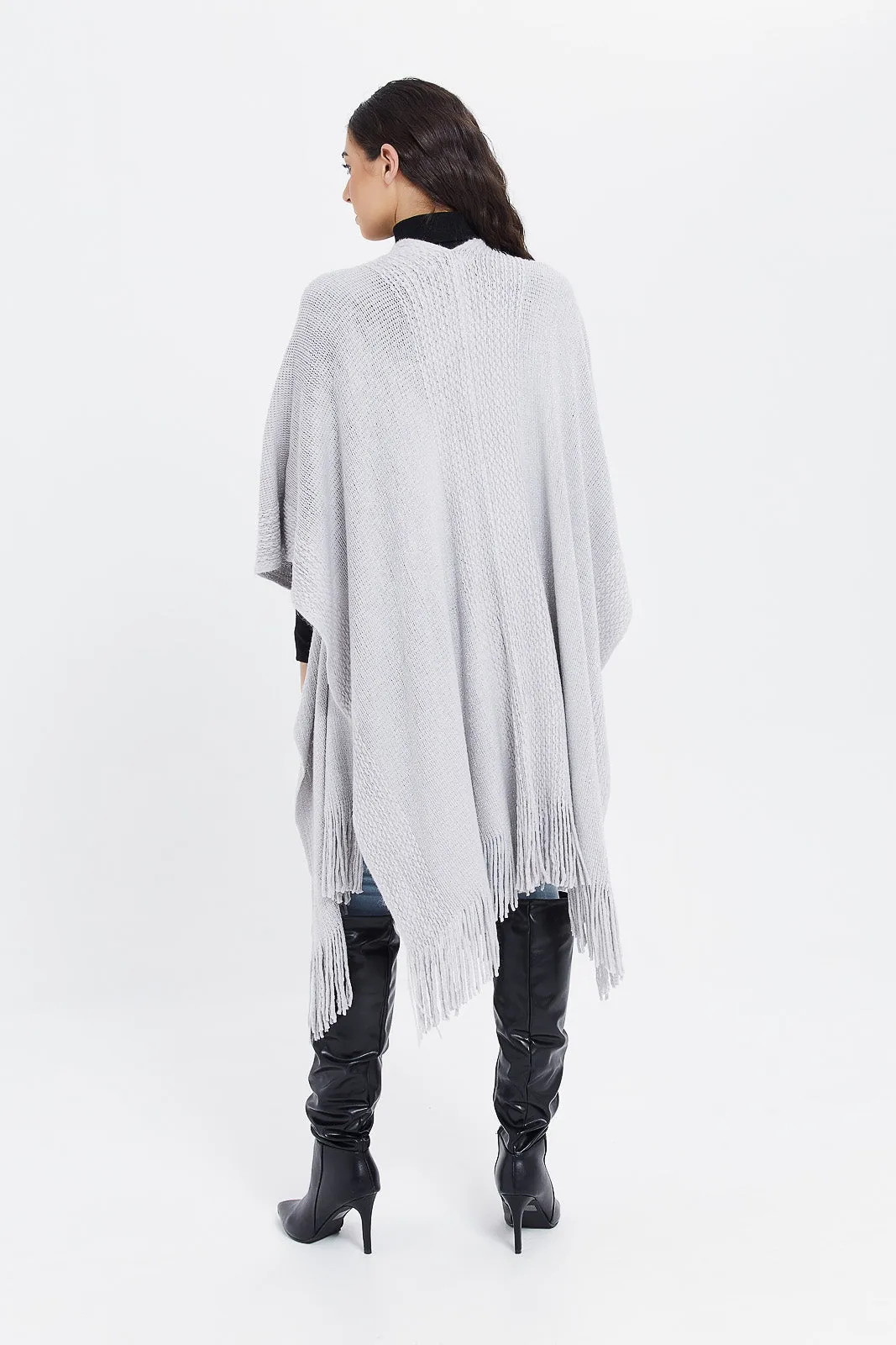 Women Grey Lurex Cable Knit Poncho With Fringes