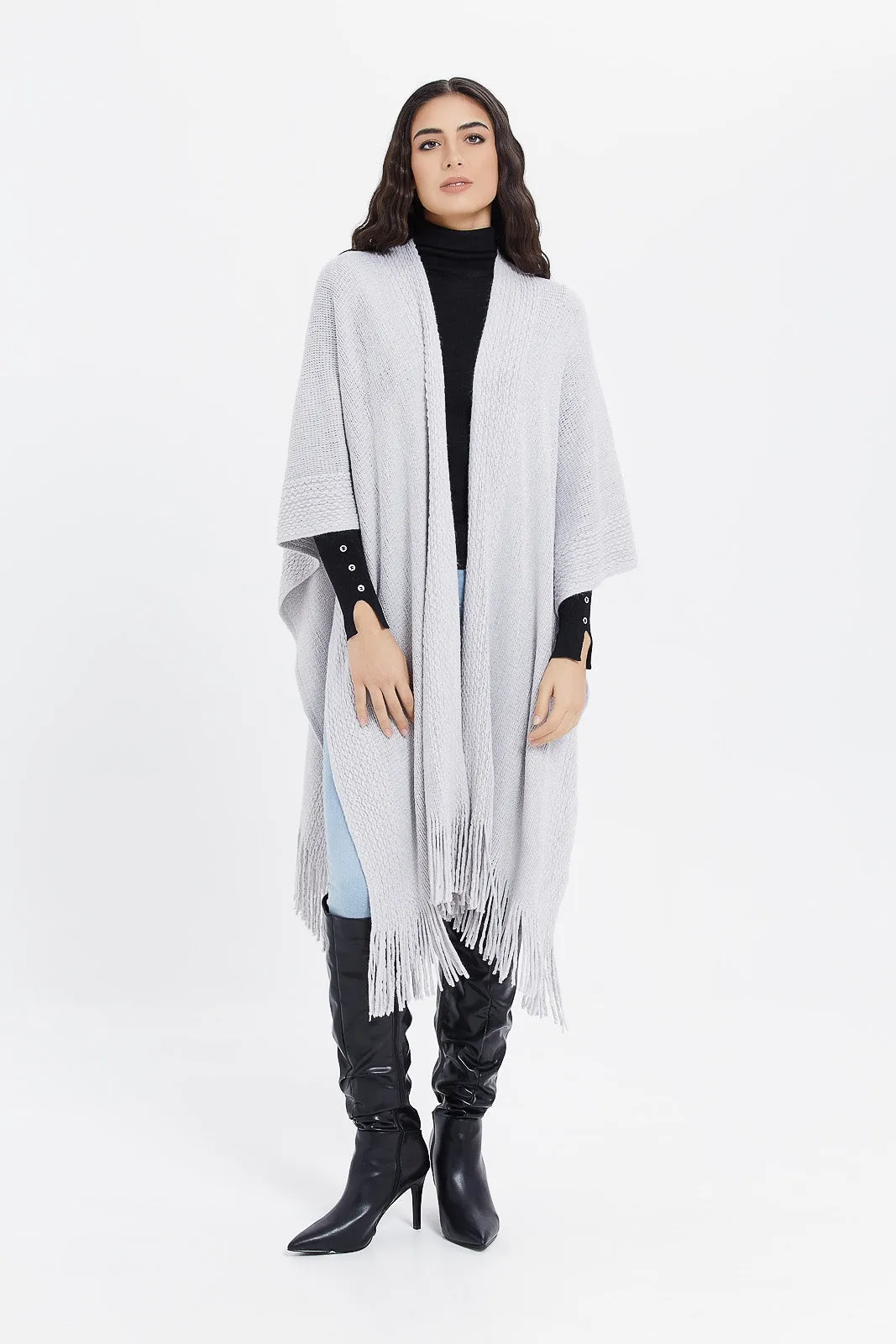 Women Grey Lurex Cable Knit Poncho With Fringes