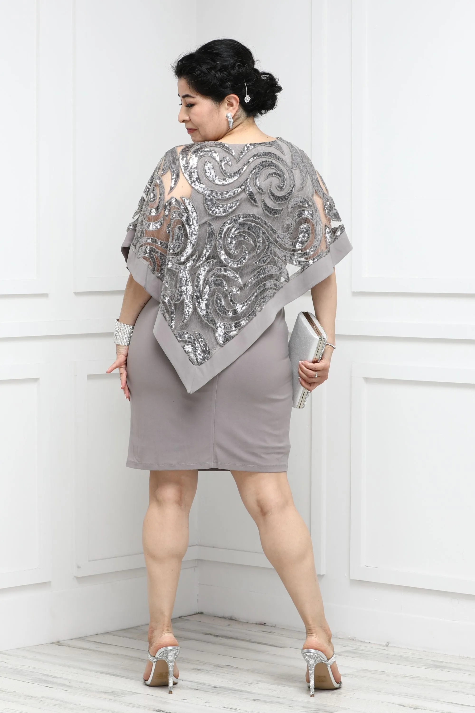 Women Petite Two-Piece  Stunning Sequin Swirl Poncho Dress