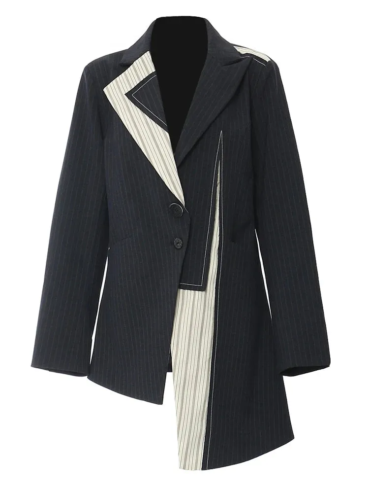 Women's Asymmetrical Navy Blue Striped Blazer Coat | Elegant Style