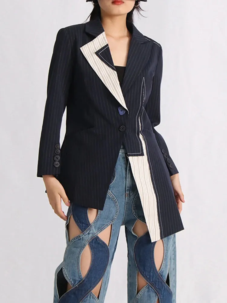 Women's Asymmetrical Navy Blue Striped Blazer Coat | Elegant Style