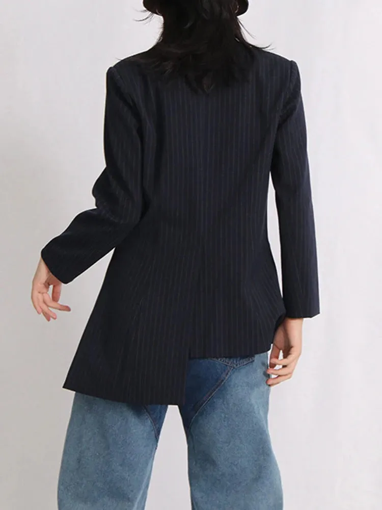 Women's Asymmetrical Navy Blue Striped Blazer Coat | Elegant Style