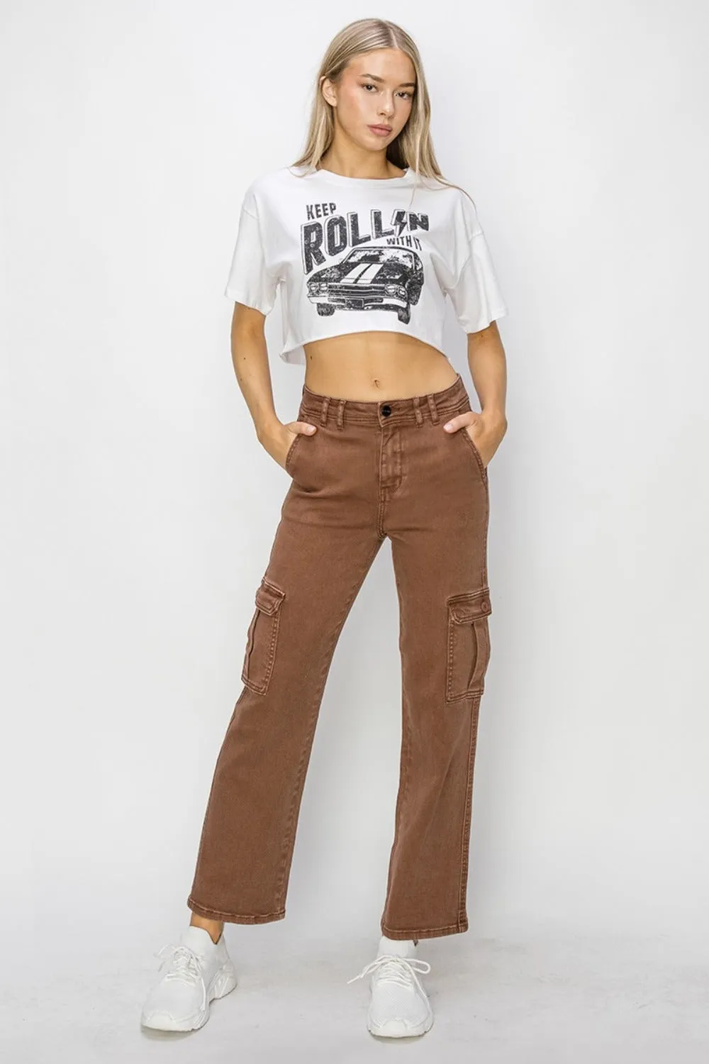 Women's Full Size High Rise Cargo Espresso Jeans