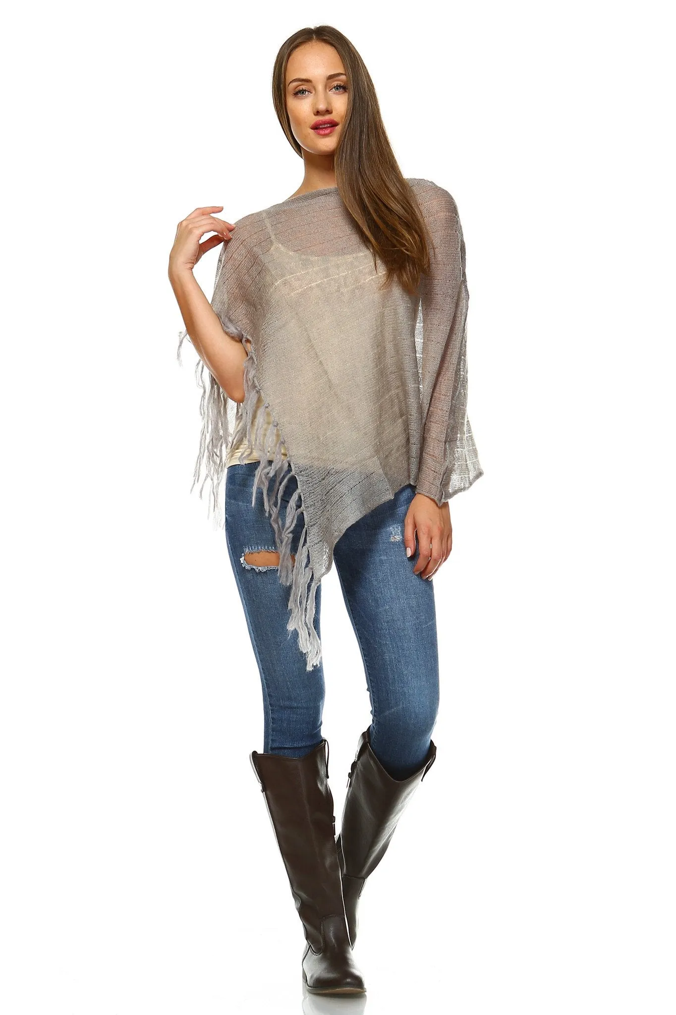 Women's Open Knit Fringe Poncho