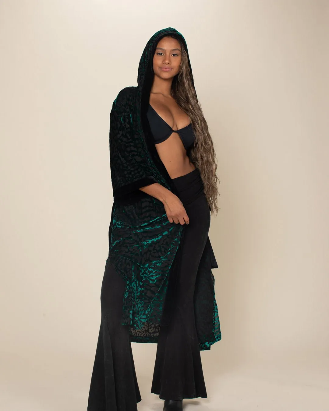 Women's Velvet Kimono | Emerald Green Tiger