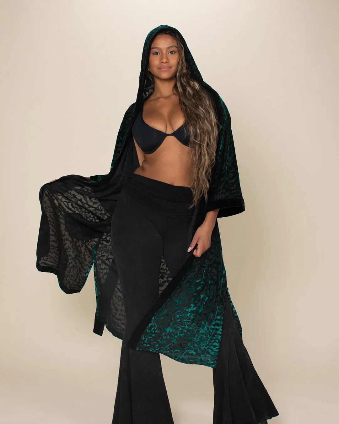 Women's Velvet Kimono | Emerald Green Tiger