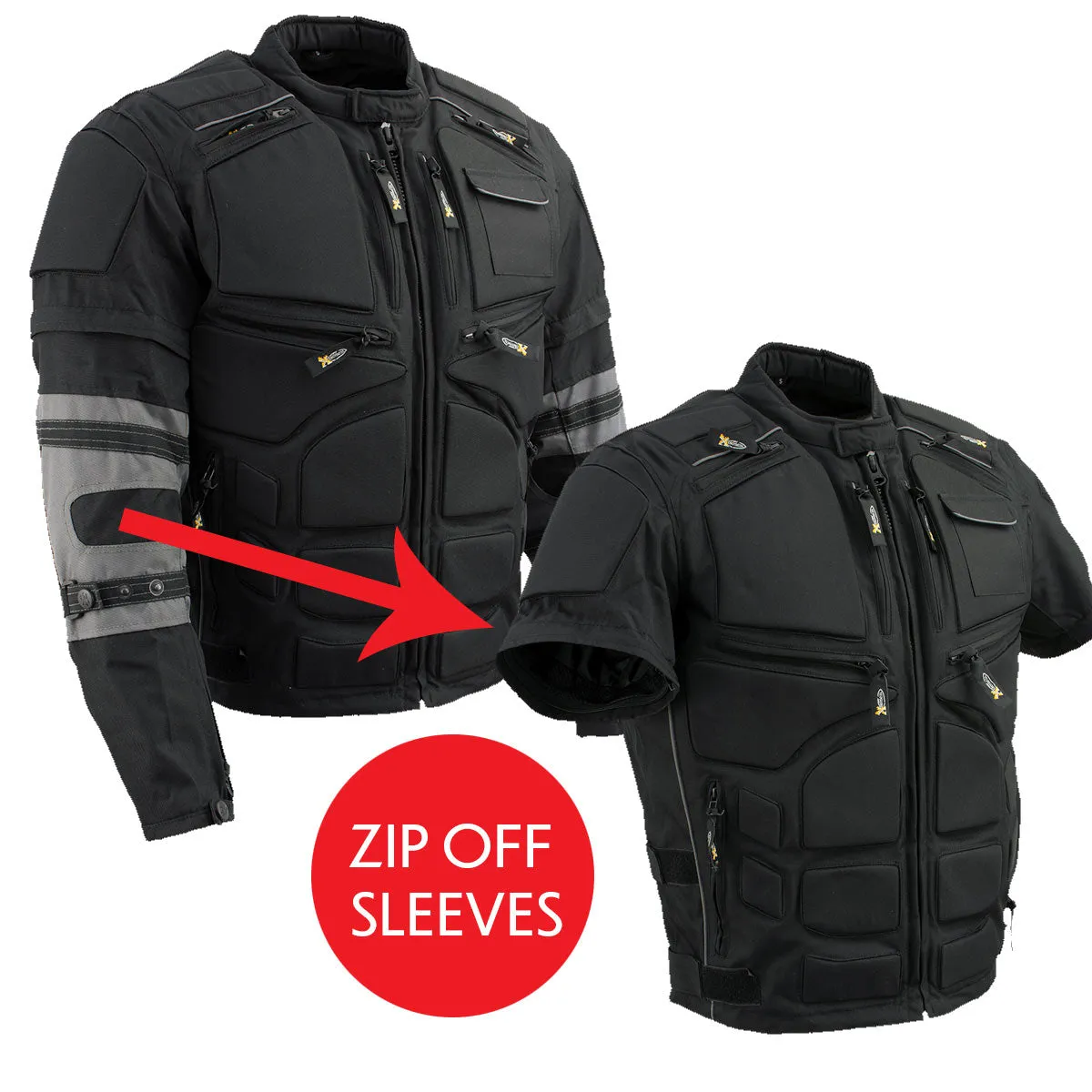 Xelement Men's Morph Black and Grey Tri-Tex Armored Jacket with Removable Sleeves CF5050